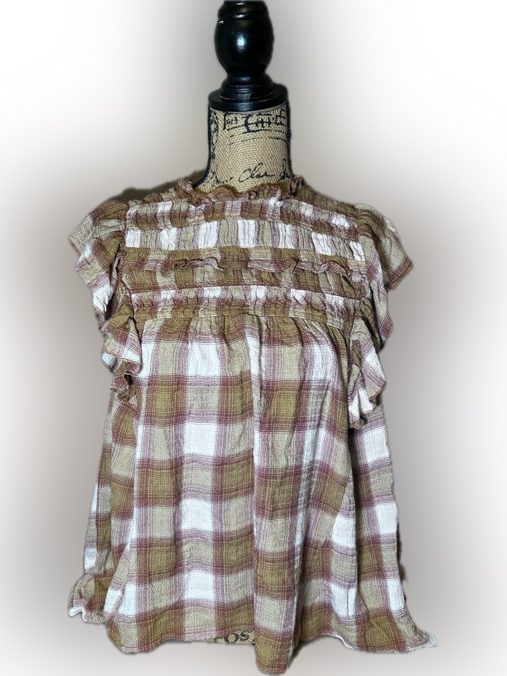 Free People Not Your Average Girl Plaid Ruffle Smocked Flutter Sleeve Blouse M - Picture 3 of 16